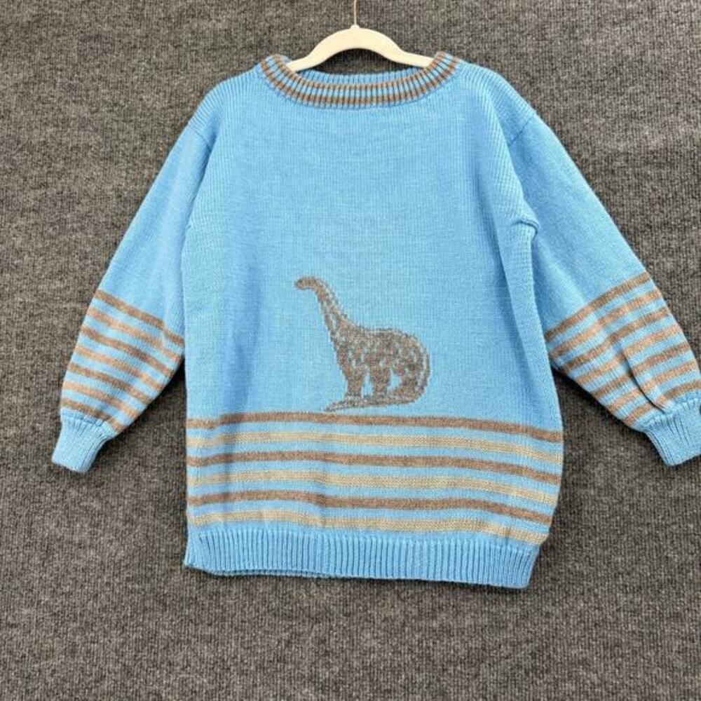 Handknit Dinosaur Sweater Boys Size 9 Blue Gray Intarsia Striped Double Sided